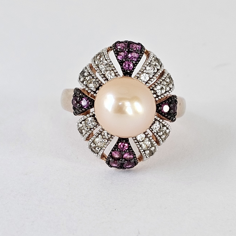 Genuine South Sea Pearl & Rhodolite Garnet & White Zircon Rose Gold Vermeil Sz 6